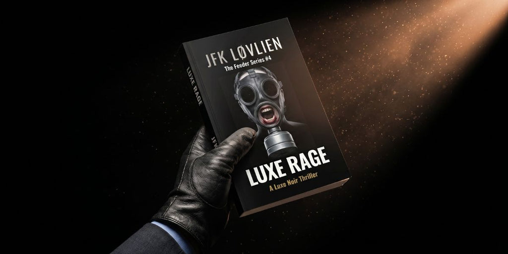 Black leather-gloved hand holding the Luxe Rage paperback by JFK Løvlien — Book 4 of The Feeder Series.