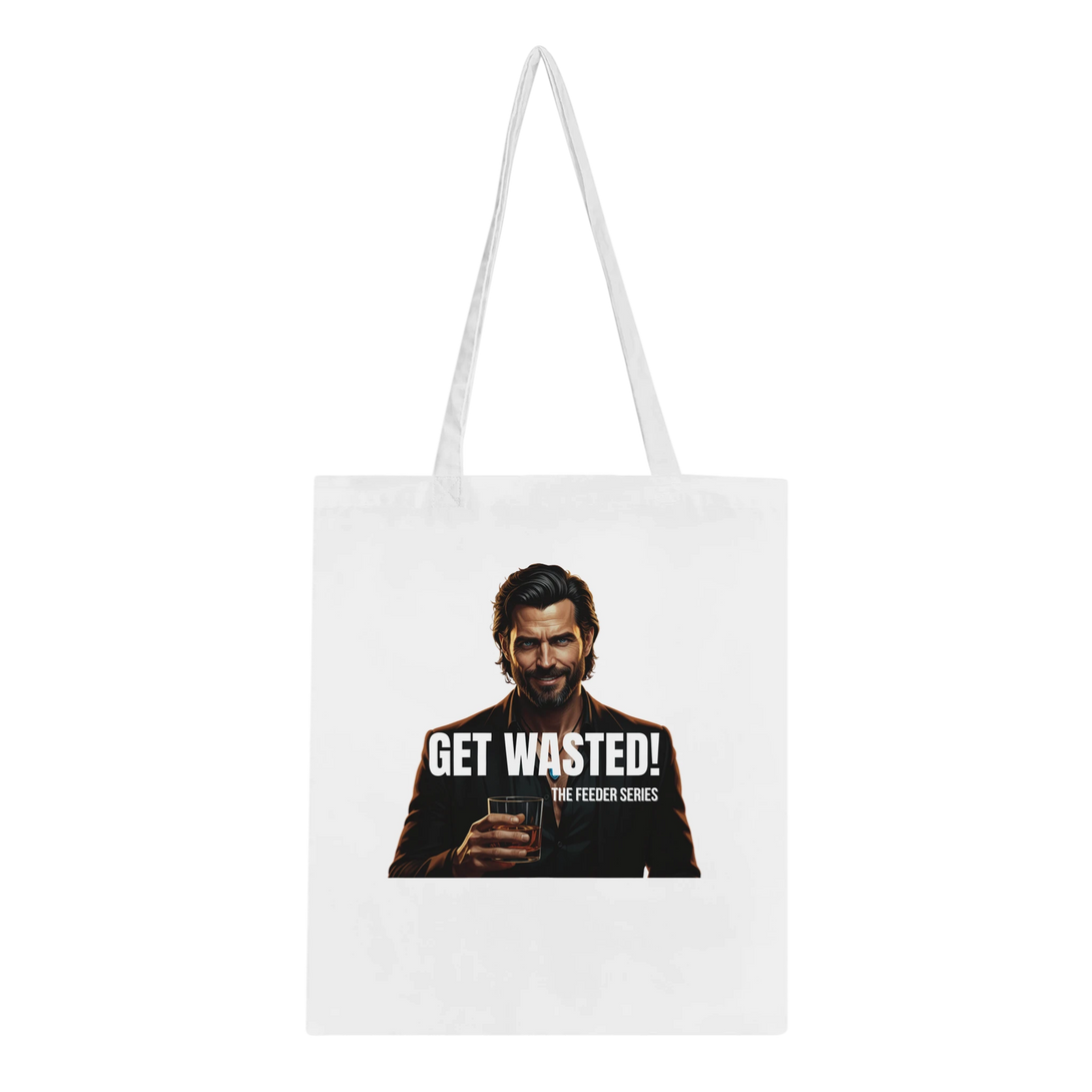 Stylish cotton tote bag printed with Get Wasted text, part of The Feeder Series merch line.”