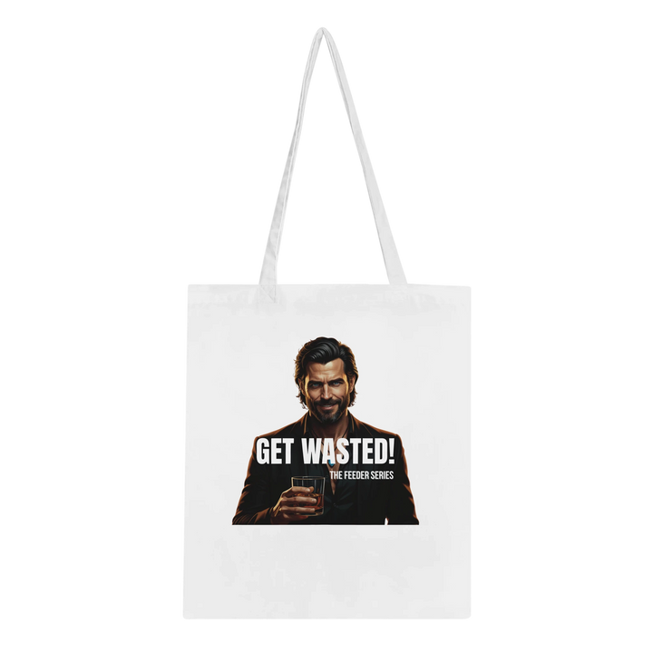 Stylish cotton tote bag printed with Get Wasted text, part of The Feeder Series merch line.”