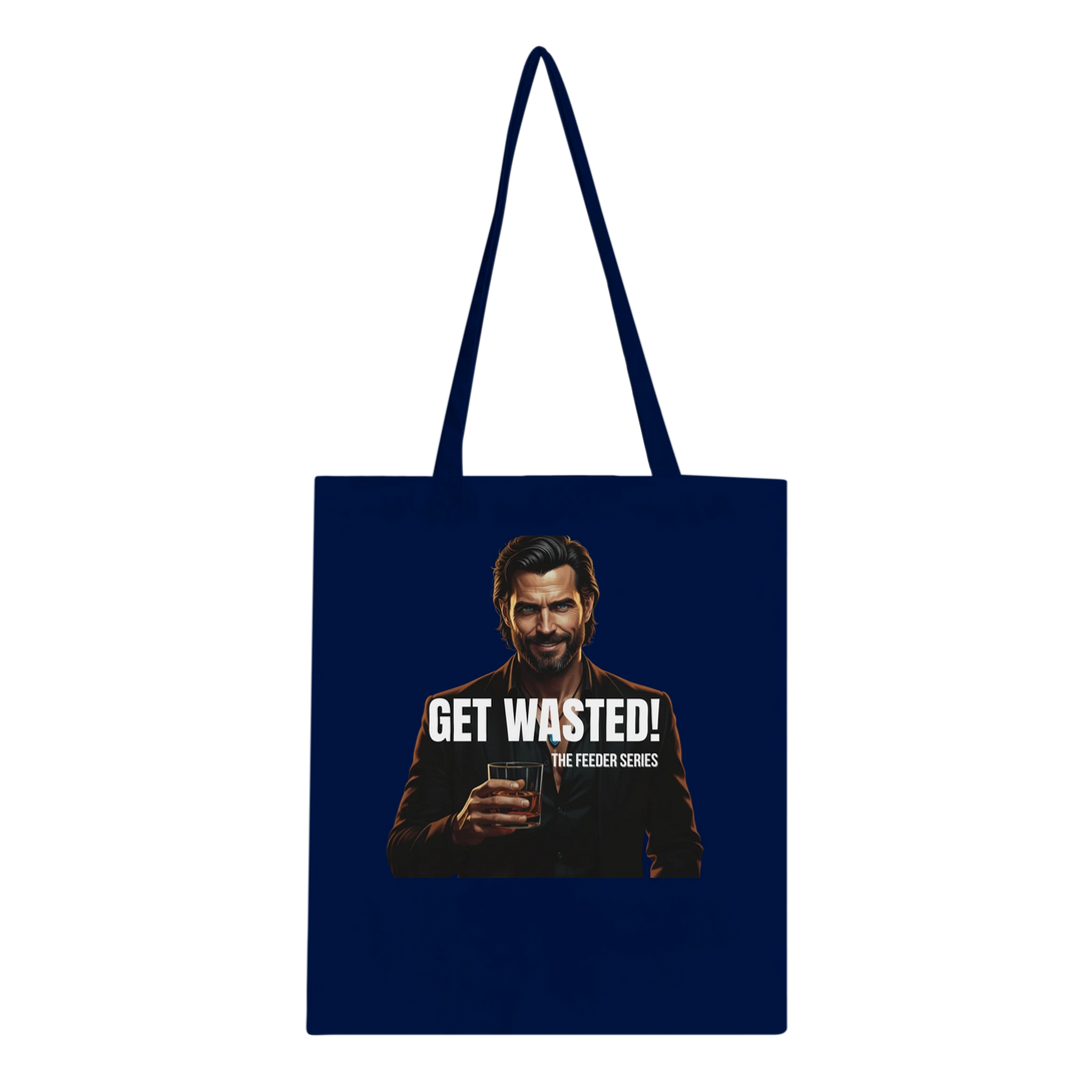 Black and white Get Wasted tote bag, minimalist street-style accessory by JFK Løvlien.”