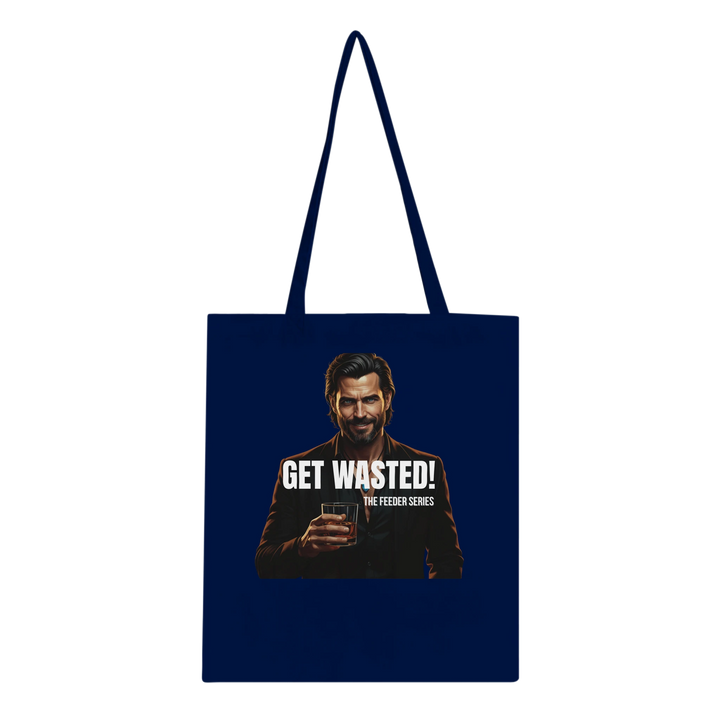 Black and white Get Wasted tote bag, minimalist street-style accessory by JFK Løvlien.”