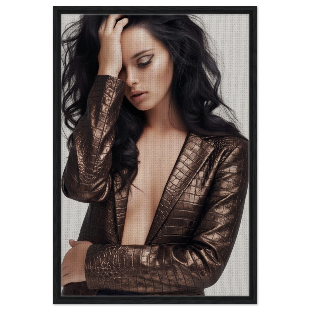 Luxe Noir portrait of a woman with dark tousled hair in metallic jacket, framed fine art print on neutral background