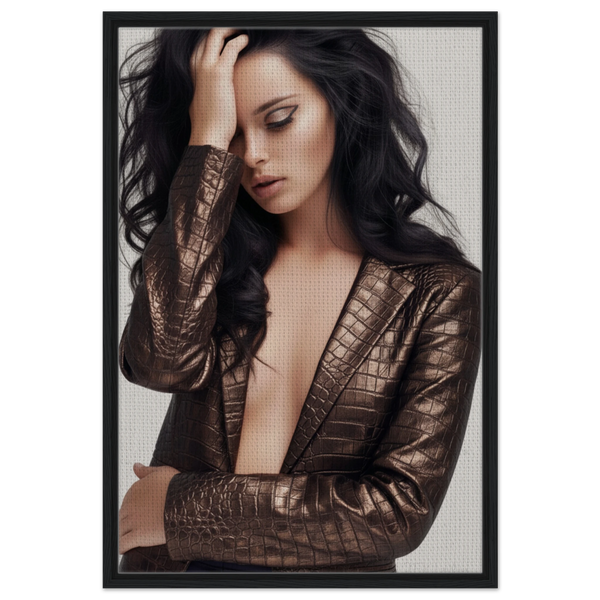 Luxe Noir portrait of a woman with dark tousled hair in metallic jacket, framed fine art print on neutral background