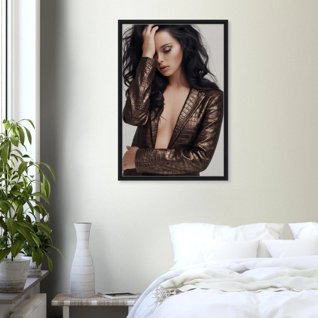 Beautiful Hangover framed art print above bed, adding moody elegance and cinematic style to modern bedroom decor