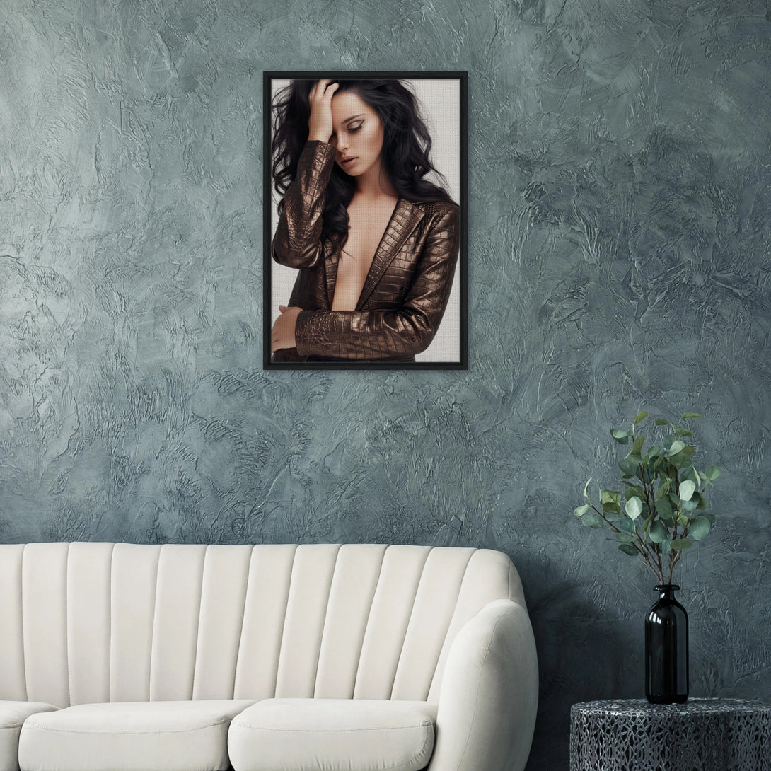 Beautiful Hangover Luxe Noir canvas displayed on dark wall, stylish artwork enhancing minimalist living room design