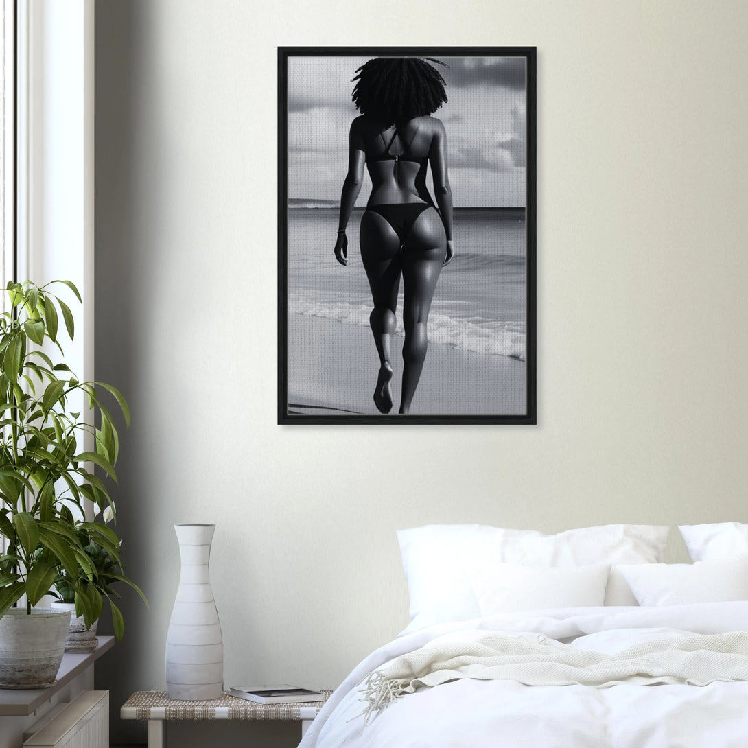black and white fine art print of Bella Graves walking along the shores of Jamaica
