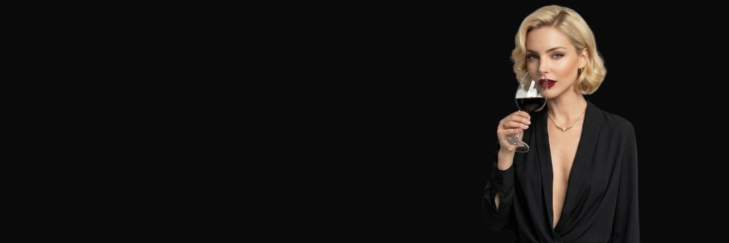 Camilla Martin, matriarch of the Luxe Rage Dynasty in JFK Løvlien's Feeder Series, in a plunging black gown holding a glass of red wine against a black background.