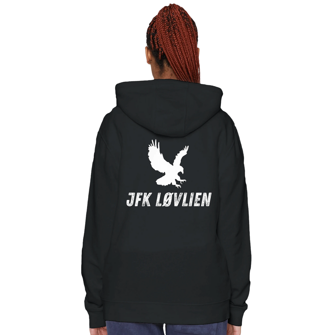black hoodie featuring white eagle logo and JFK Løvlien branding on the back from The Feeder Series collection