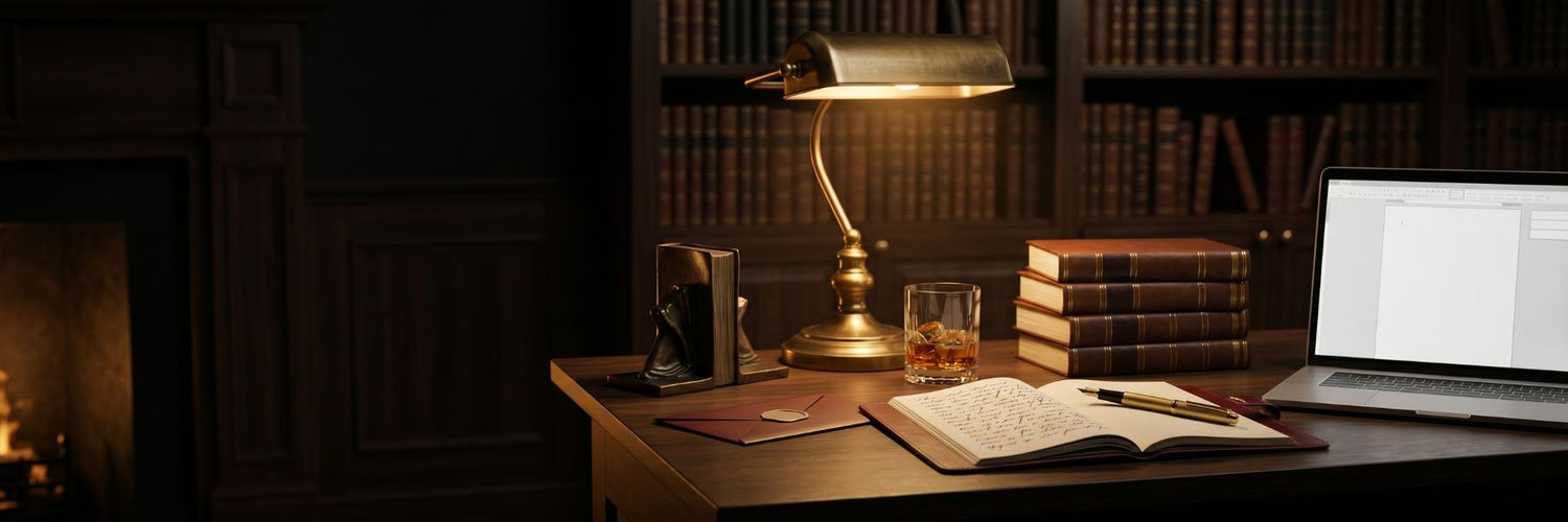 A premium writer's desk in a warm-lit private study — fountain pen, notebook, leather-bound books. Author services by JFK Løvlien.