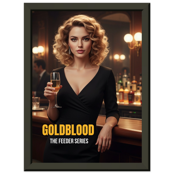 Lene Hagen MI6 spy in Rio bar holding champagne – Goldblood The Feeder Series framed poster