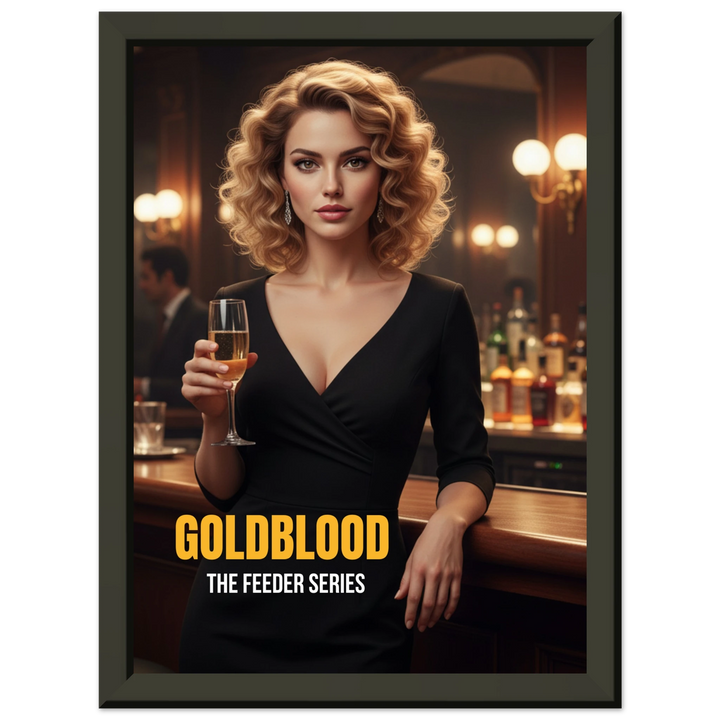 Lene Hagen MI6 spy in Rio bar holding champagne – Goldblood The Feeder Series framed poster