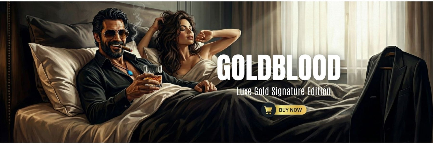 goldblood by jfk løvlien luxury thriller banner featuring john martin with cigar and whiskey in an intimate noir setting