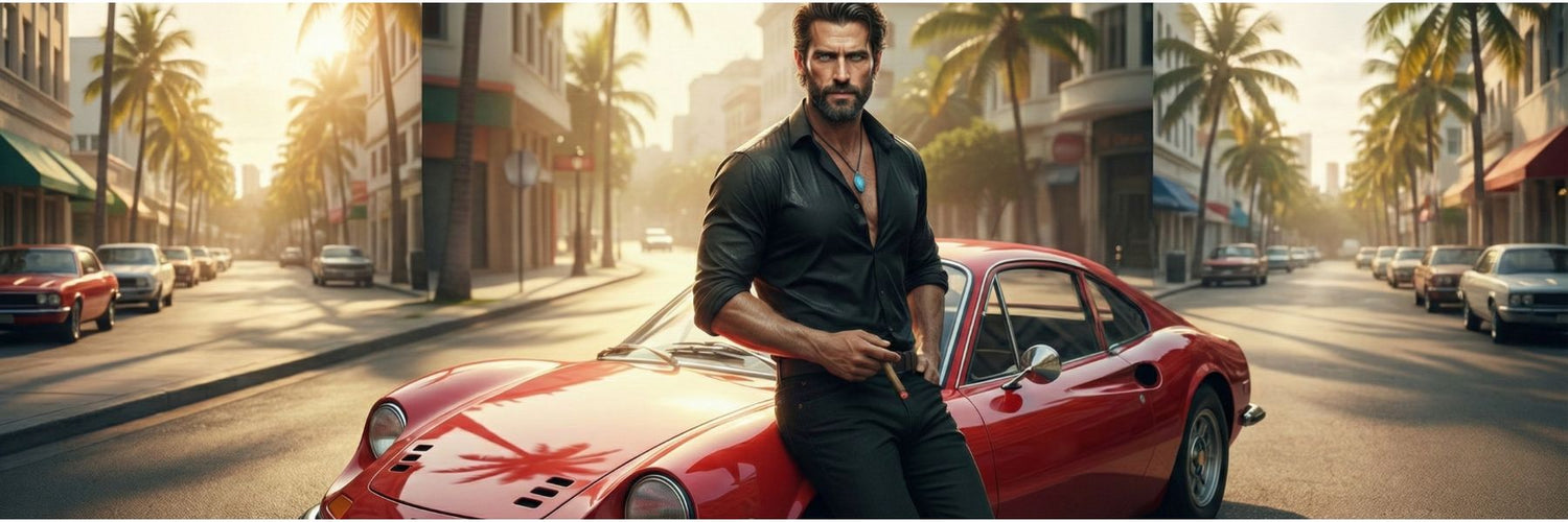 John martin leaning against a red sports car on a city street in Rio with palm trees and buildings in the background