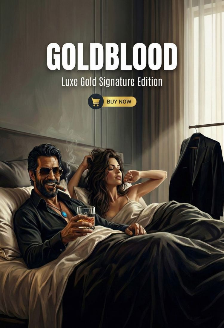 goldblood luxe gold signature edition banner showing john martin reclining with a woman in a cinematic noir bedroom scene