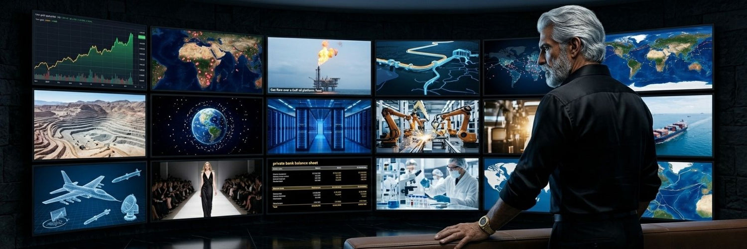 John Martin, patriarch of the Martin Dynasty, surveys the global assets of Martin Enterprises — the empire at the heart of JFK Løvlien's Feeder Series.