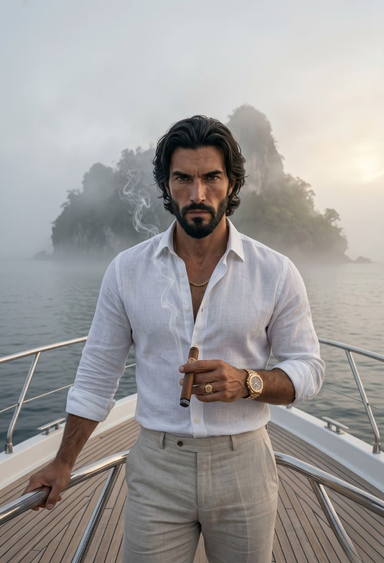 John Martin on a luxury yacht with a spooky island behind him — the world of JFK Løvlien.