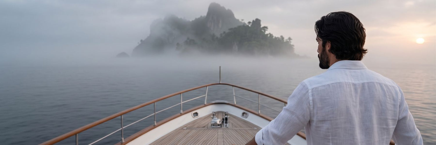 John Martin on the deck of a luxury yacht at dusk, a fog-wrapped island looming on the horizon — the world of JFK Løvlien.