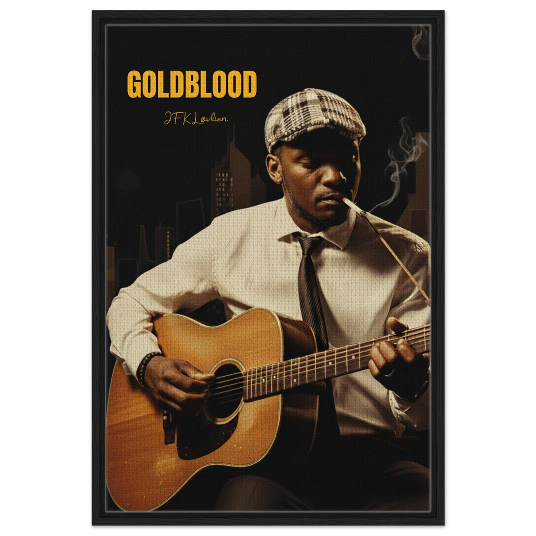 Jonas Creed playing acoustic guitar under smoke and noir city lights