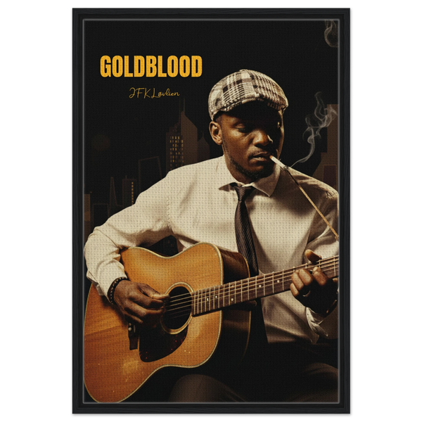 Jonas Creed playing acoustic guitar under smoke and noir city lights