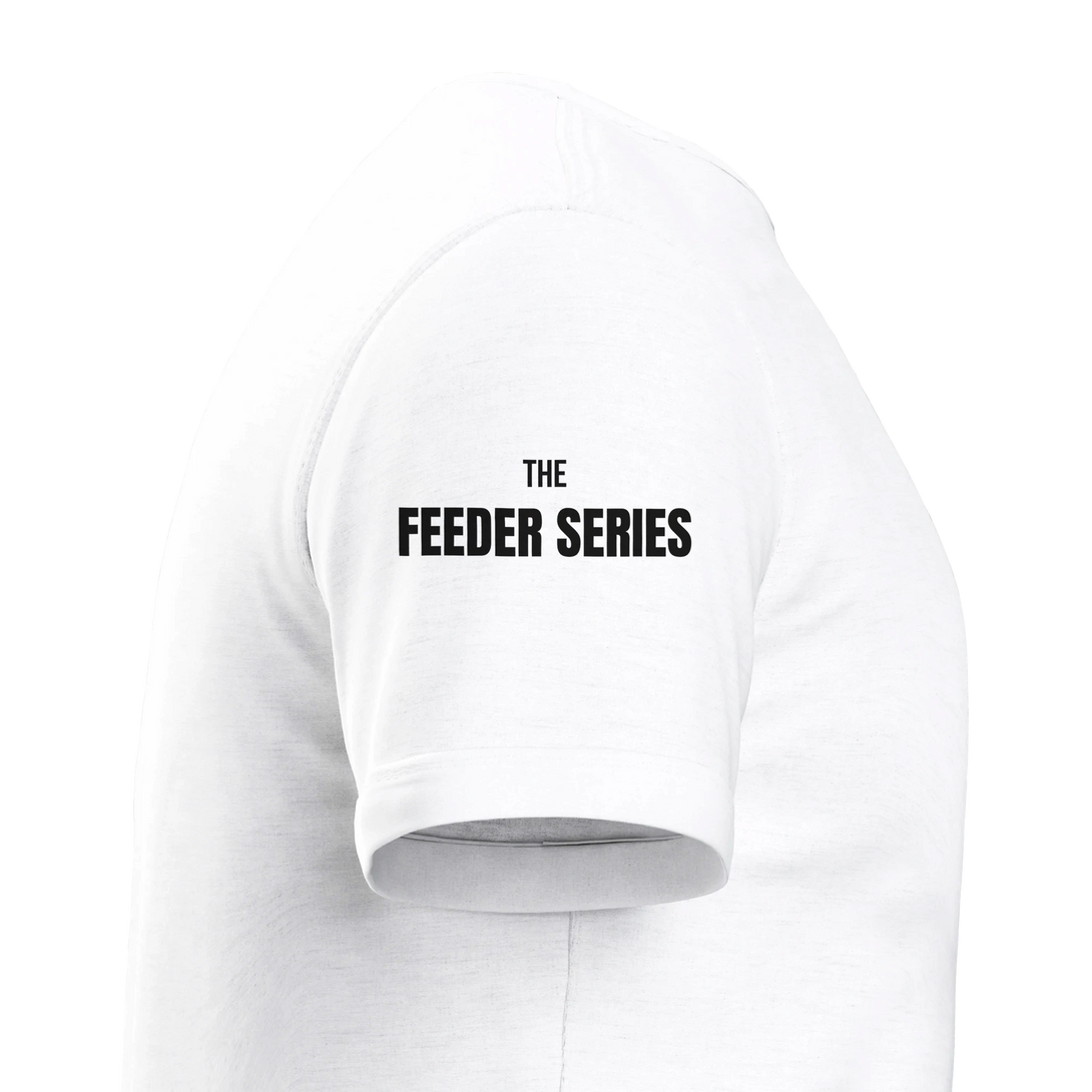 White long-sleeve shirt with 'The Feeder Series' text on a white background