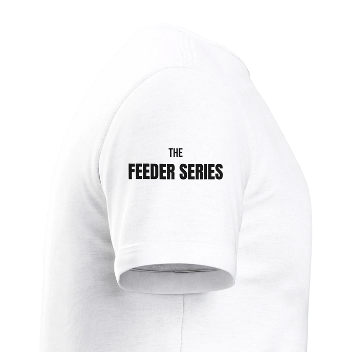 White long-sleeve shirt with 'The Feeder Series' text on a white background