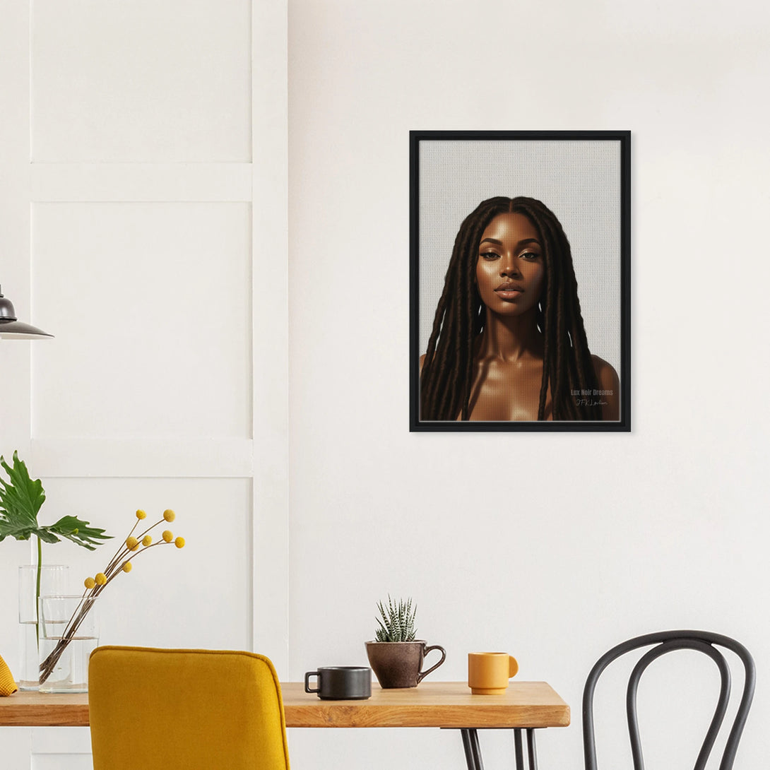 Lux Noir Dreams portrait framed in black, hanging on a minimalist living room wall with warm natural light