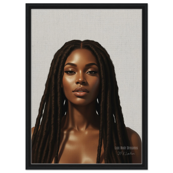 Lux Noir Dreams framed canvas art print by JFK Løvlien featuring a confident woman portrait in neutral tones