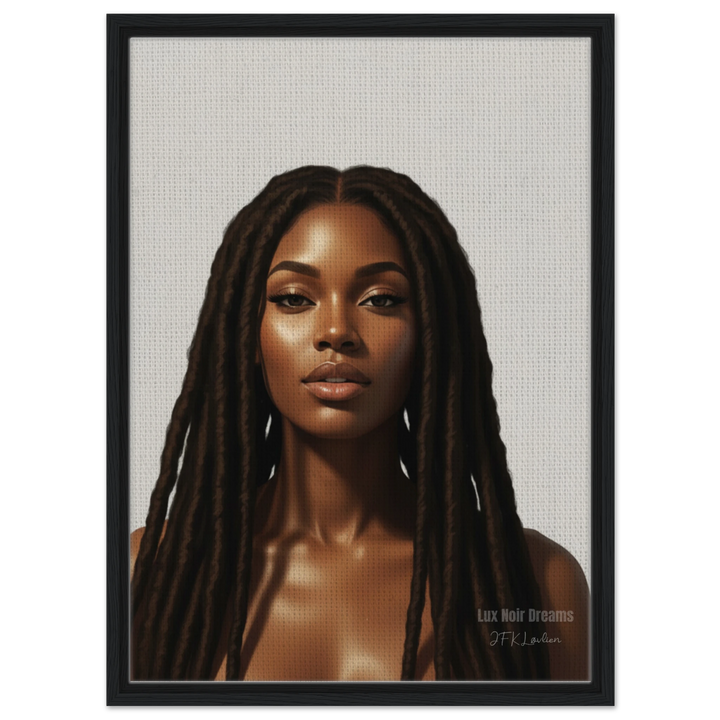 Lux Noir Dreams framed canvas art print by JFK Løvlien featuring a confident woman portrait in neutral tones