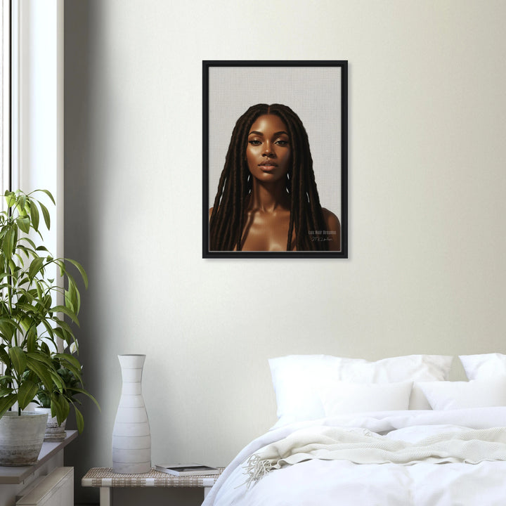 modern bedroom interior with Lux Noir Dreams wall art by JFK Løvlien displayed above a white bed