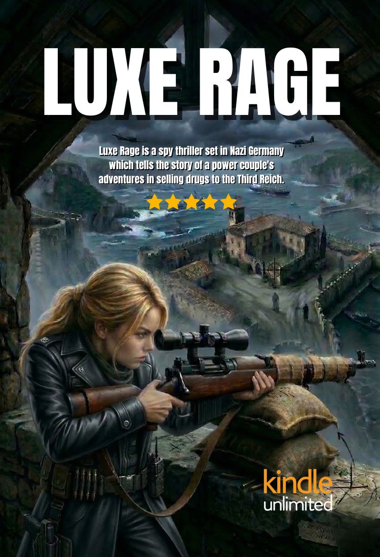 Luxe Rage by JFK Løvlien — a spy thriller set in Nazi Germany. A woman with a sniper rifle overlooks a WWII coastal fortress as bombers fly overhead. Available on Kindle Unlimited. 5-star rated.