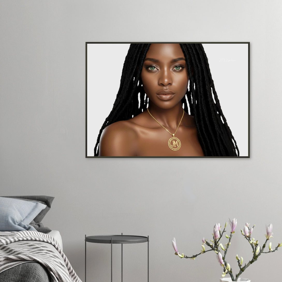 Mama Rena art print styled in modern bedroom — Goldblood universe wall art in neutral tones, portrait of the Seer of Rose Island