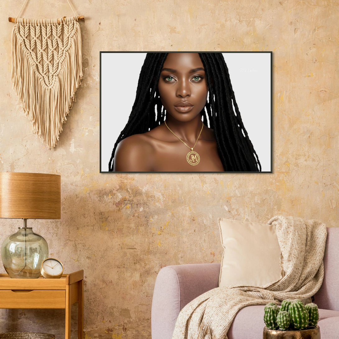 interior design mockup with Mama Rena print on textured wall — mystic portrait from Goldblood series, golden necklace and serene gaze