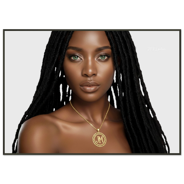 portrait of Mama Rena, the Seer of Rose Island from Goldblood — close-up with gold medallion and emerald eyes, Luxe Noir artwork by JFK Løvlien