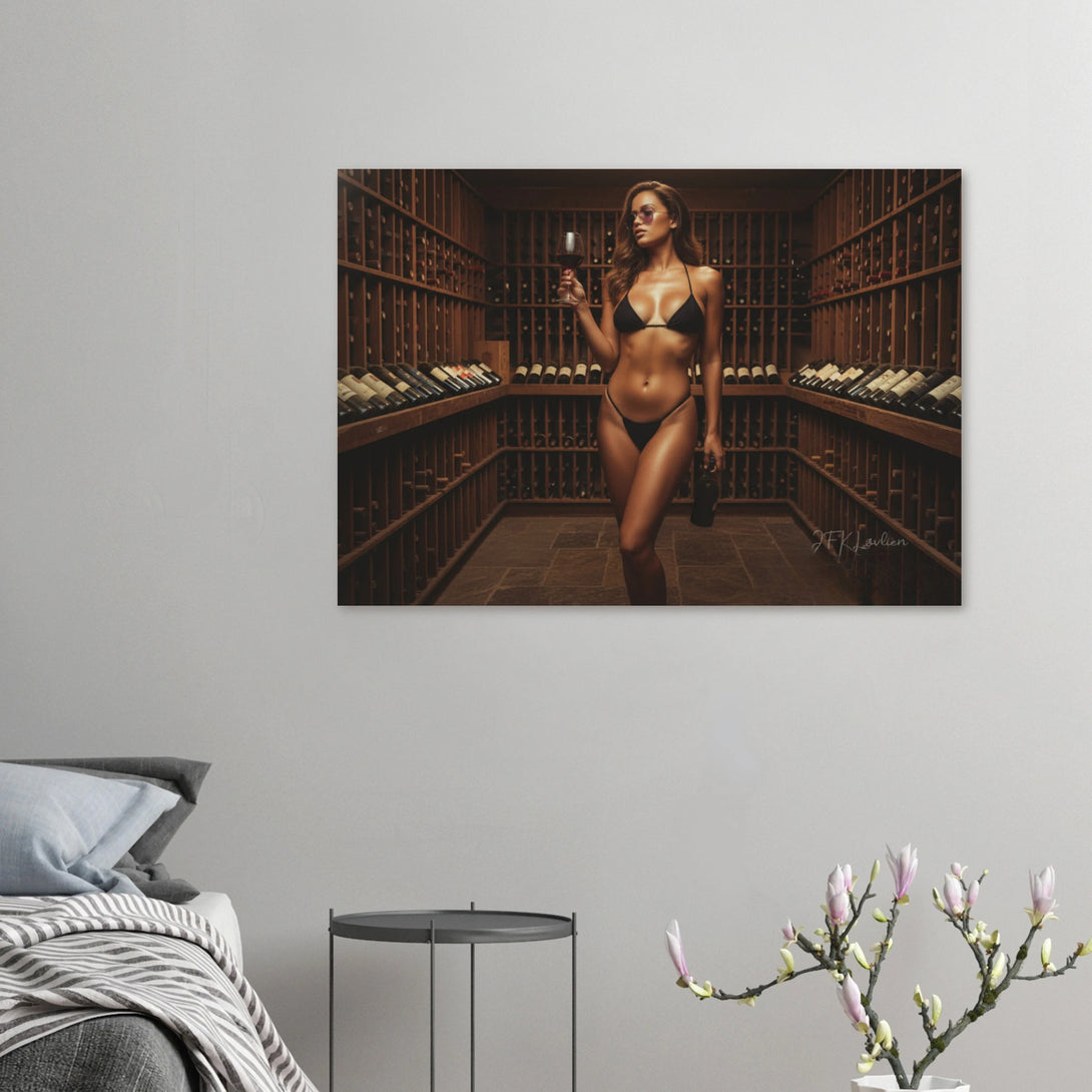 Cinematic wine cellar artwork featuring a sommelier and rows of wine bottles on aluminum panel