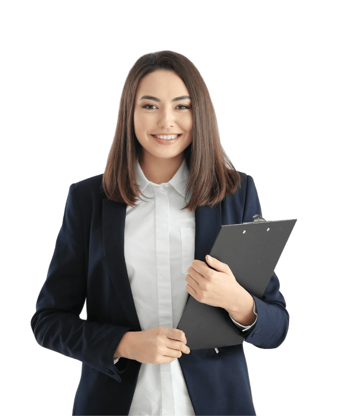 Smiling female lawyer holding documents representing law firm website design by JFK Løvlien