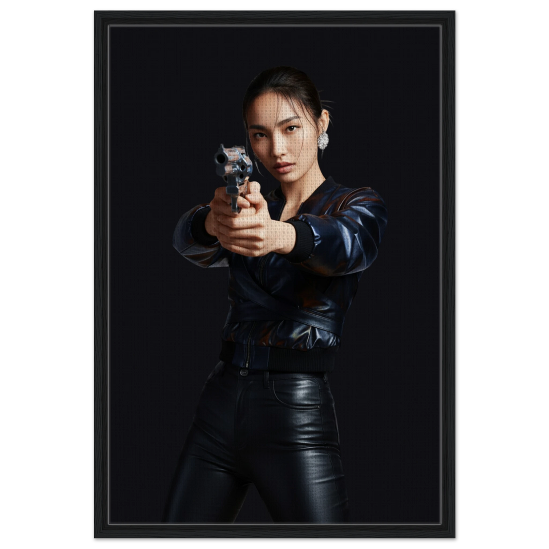 Portrait of Rei Nakamura in black leather holding revolver, fine-art print from The Feeder Series by JFK Løvlien