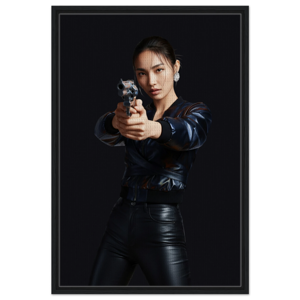 Portrait of Rei Nakamura in black leather holding revolver, fine-art print from The Feeder Series by JFK Løvlien