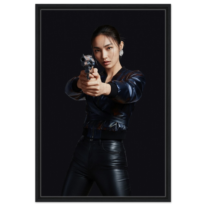 Portrait of Rei Nakamura in black leather holding revolver, fine-art print from The Feeder Series by JFK Løvlien