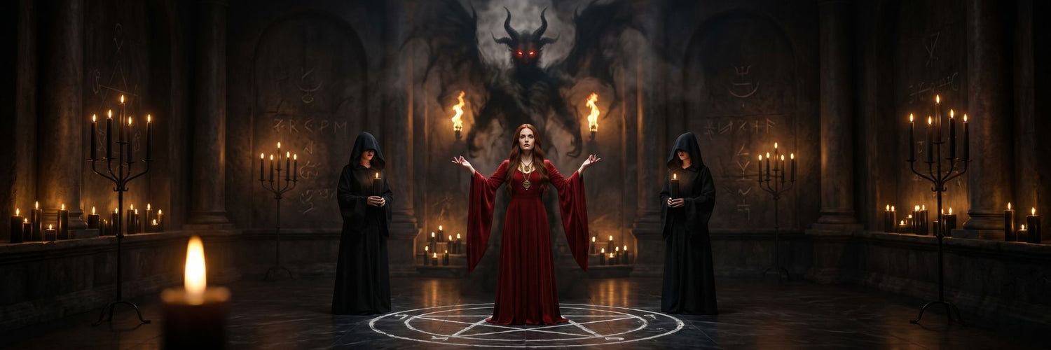Two alt text variations for the sorceress / demon-summoning banner on The Feeder Listening Room page:
Variation 1 (atmospheric, scene-focused):
A red-haired sorceress summons a demon in a candlelit ritual chamber — a scene from The Feeder by JFK Løvlien, now streaming in the Listening Room.