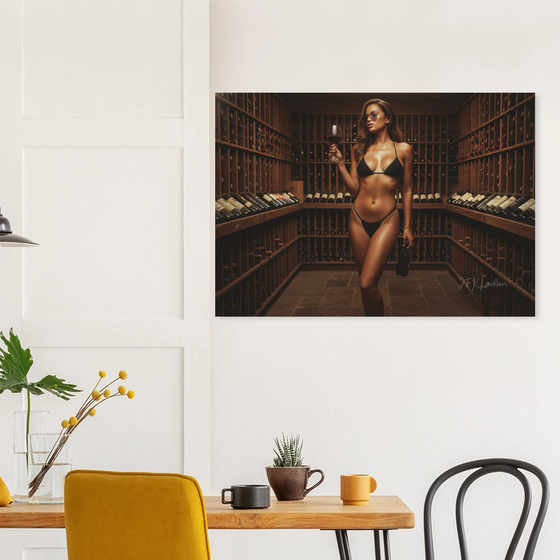 Wine cellar scene with a sommelier character from The Feeder Series, detailed aluminum print