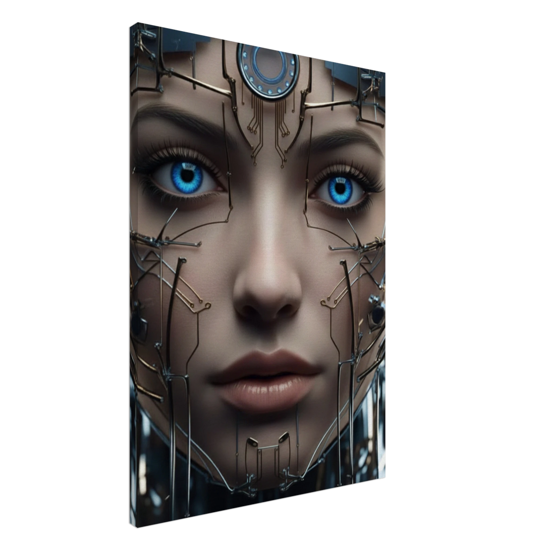futuristic woman with blue eyes, cybernetic face artwork from The Emergence of Vanta Luxe Noir collection