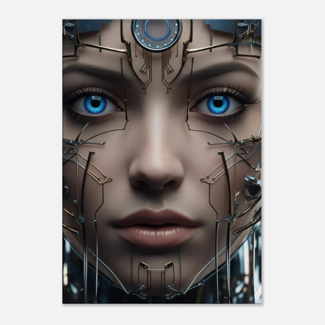 close-up of cybernetic female face with glowing blue eyes from The Emergence of Vanta by JFK Løvlien