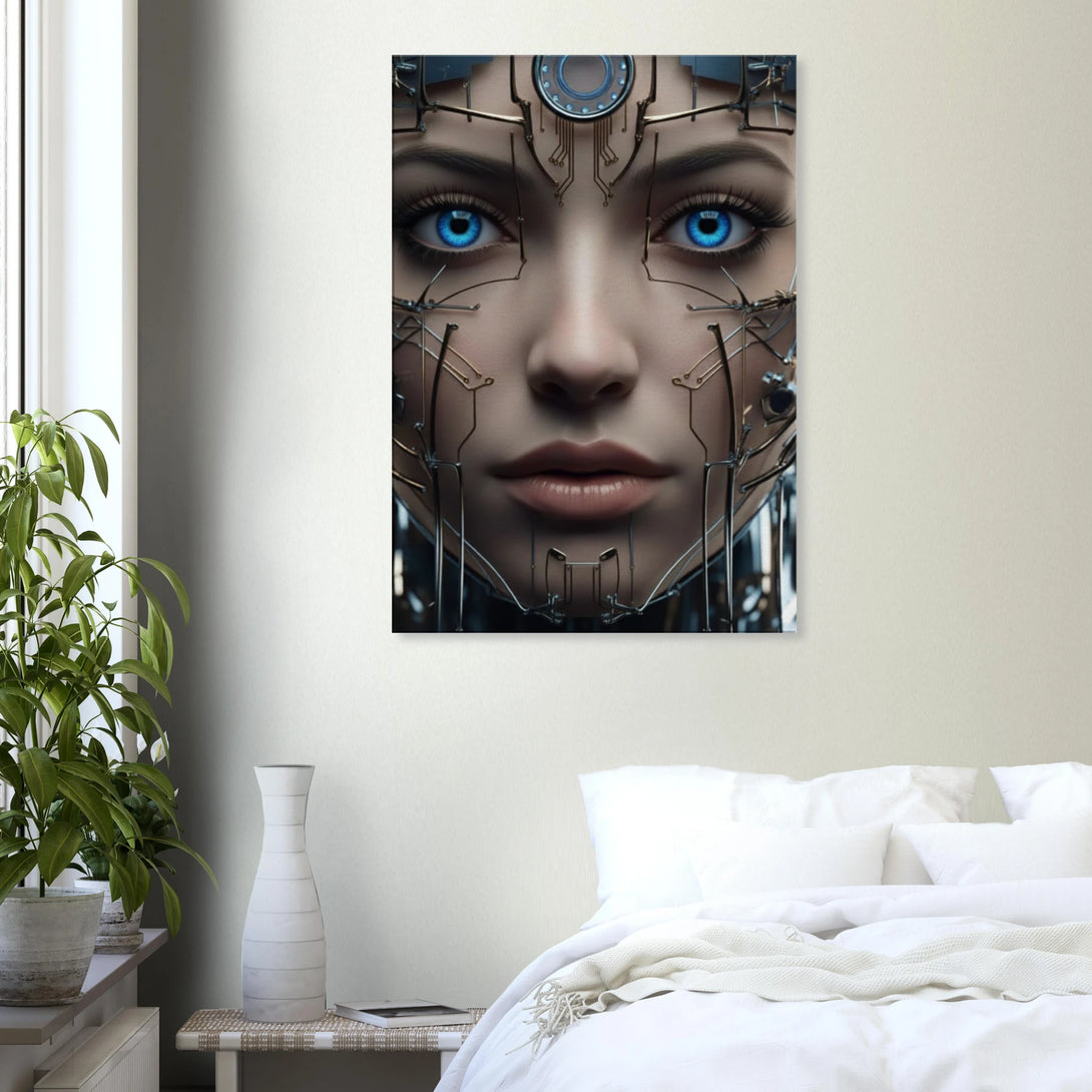 sci-fi wall art The Emergence of Vanta poster hanging above a white bed in a minimalist bedroom