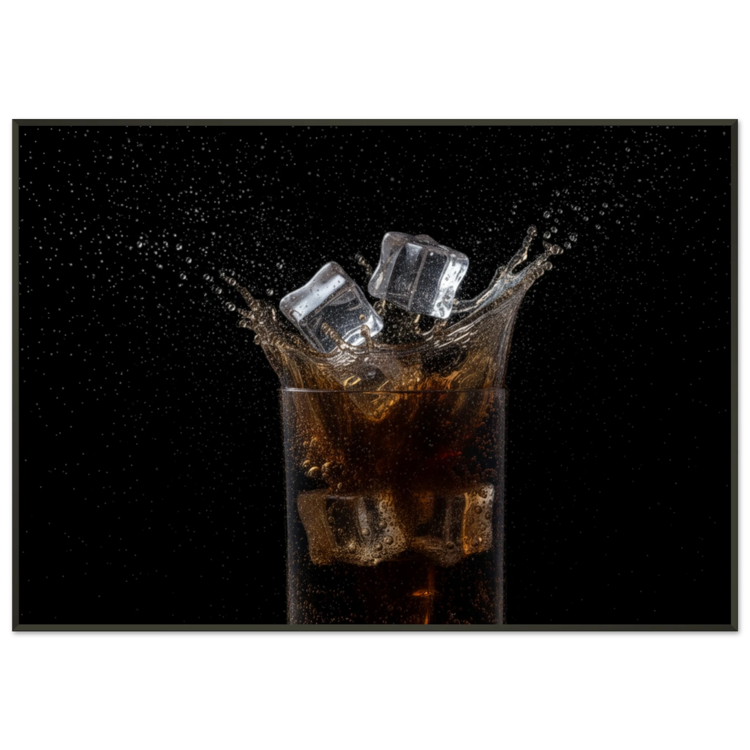 ice cubes splashing into a cuba libre glass on black background – art print by JFK Løvlien