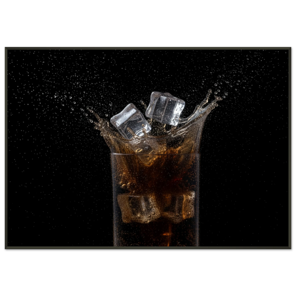 ice cubes splashing into a cuba libre glass on black background – art print by JFK Løvlien