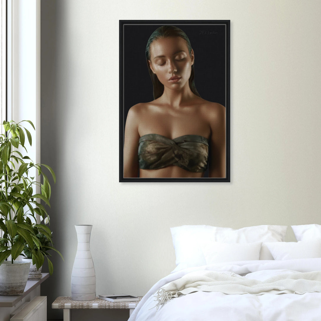 Luxury wall art of The Summoning of Gaia displayed above a white bed in a minimalist bedroom