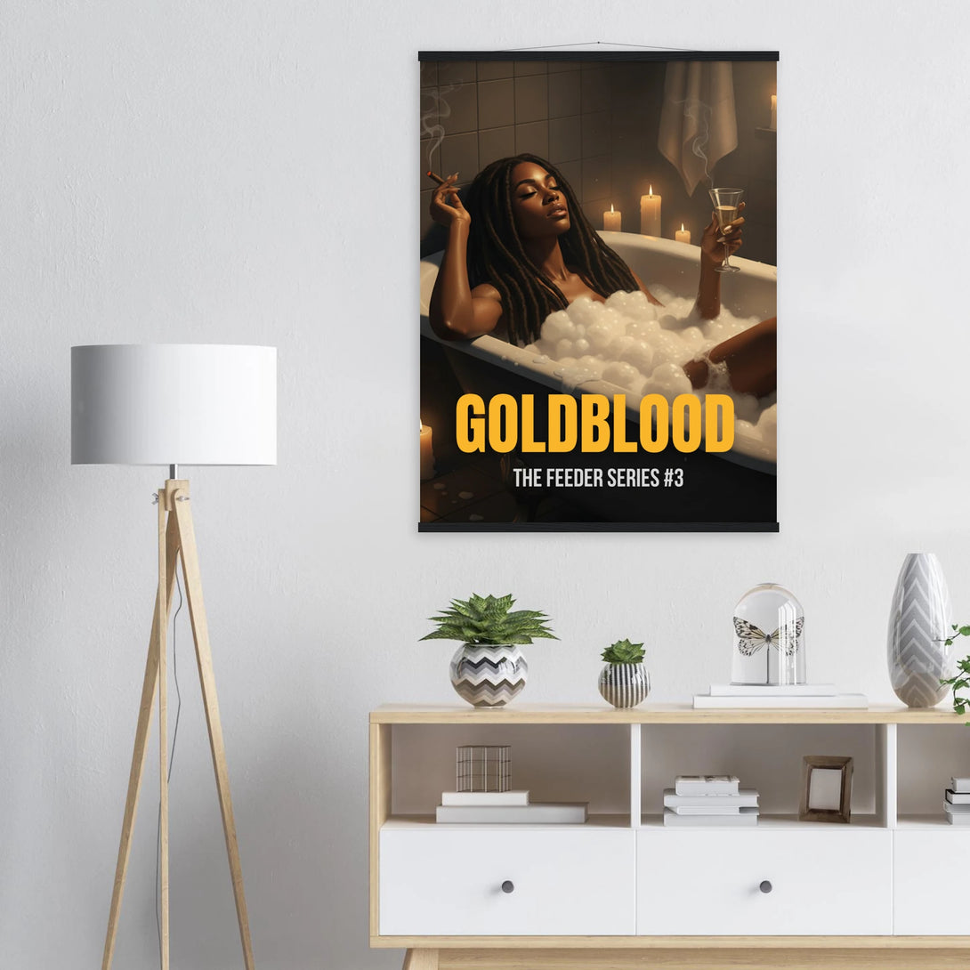 “Goldblood art print displayed in modern bedroom, stylish noir Caribbean design.”