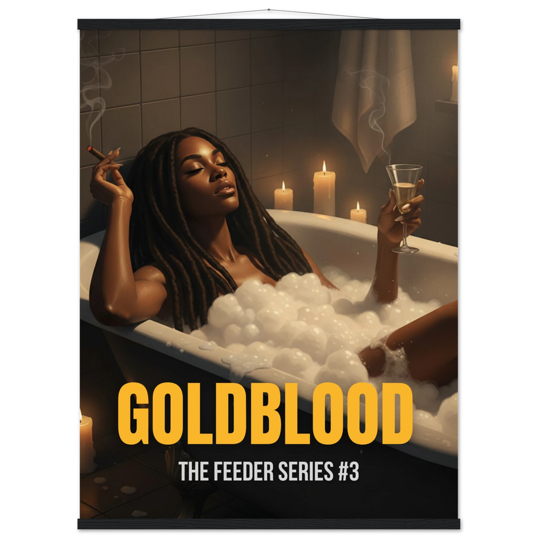 “Goldblood poster of a woman relaxing in a candlelit bathtub, holding champagne, from The Feeder Series #3.”