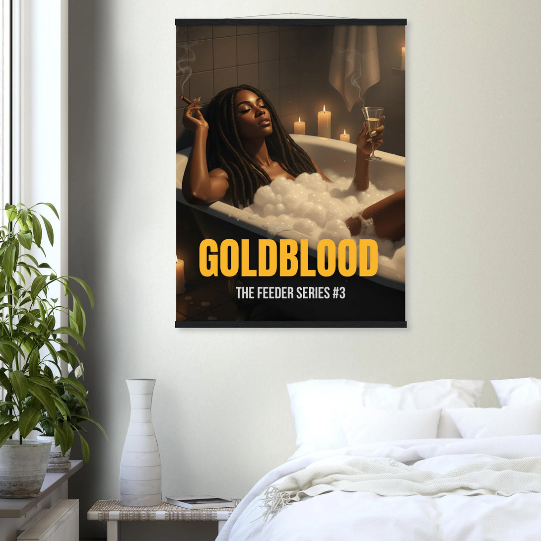 “Luxe Noir wall art print showing a cinematic bathroom scene from Goldblood.”