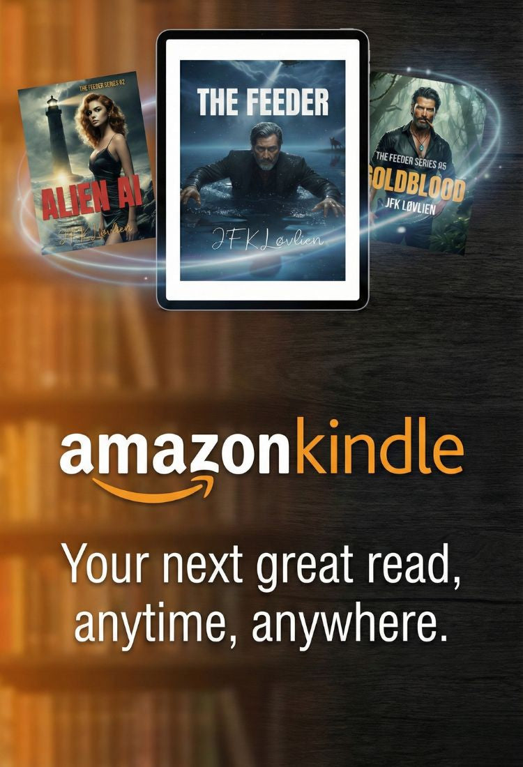Amazon Kindle advertisement for The Feeder books by jfk løvlien with book covers and text on a dark background